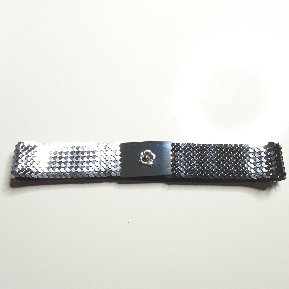 70's disco fish scale silver flower buckle belt